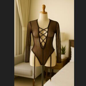 Fredericks Hollywood Mesh Teddy M Brown Lola Sheer Lace Up Garter Lingerie Sexy
